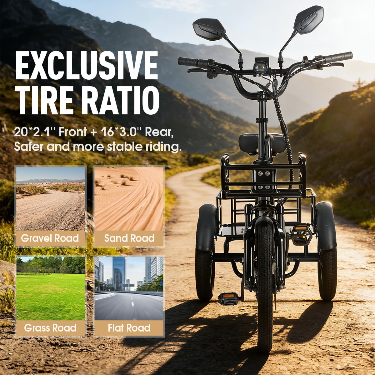 Triciclo elettrico Antgooat AG1 Pro, bicicletta elettrica pieghevole per adulti, dotata di batteria da 48 V e 20 Ah, con un'autonomia fino a 150 km, dotata di portapacchi sia anteriore che posteriore,