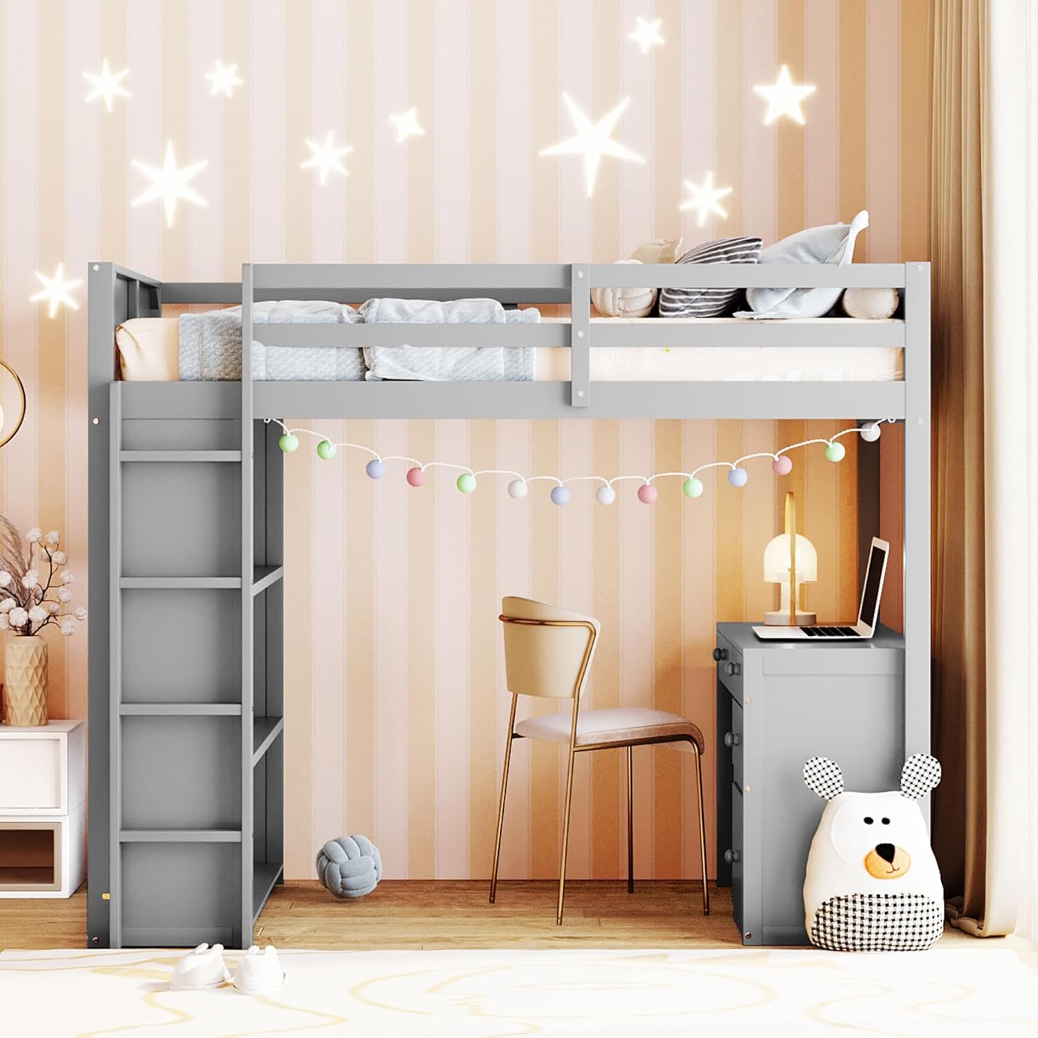 Lifestyle image of the TRIPLE TREE Twin Size Loft Bed in a room, showing the bed, desk, and shelves in use with a chair and laptop.