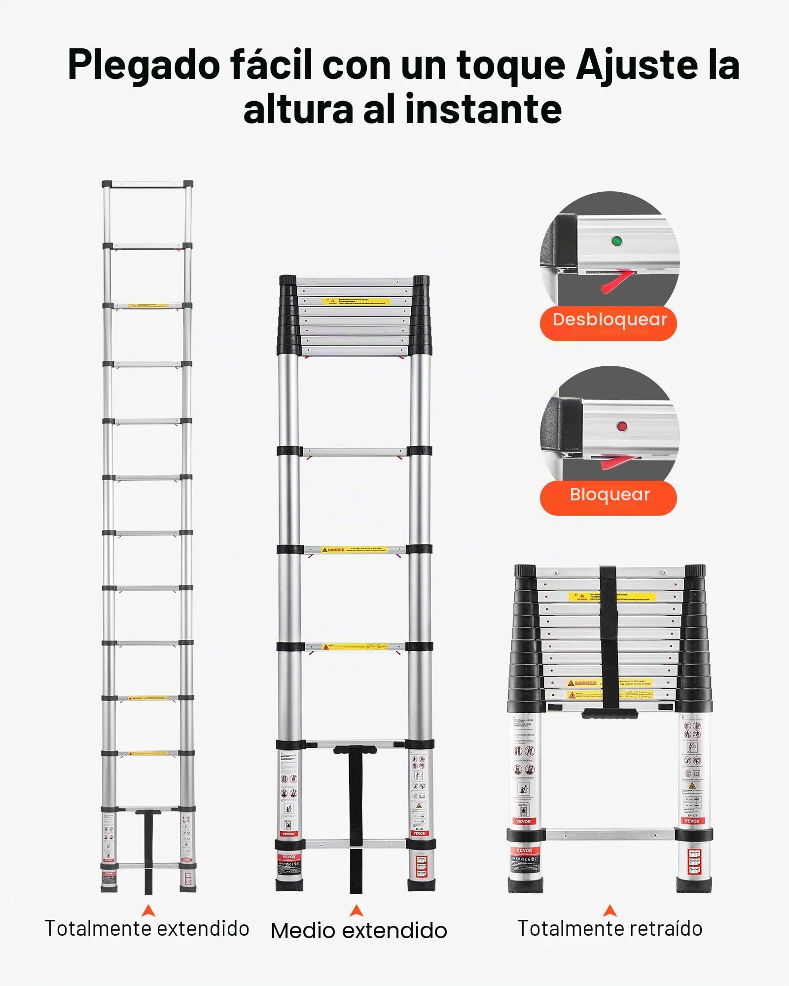 VEVOR Escalera Telescópica de Aluminio 374 cm, Escalera de Extensión Plegable con Sistema de Retracción de Un Solo Toque, Soporta hasta 150 kg, con Pies Antideslizantes, para Hogar, Ático, Jardinería