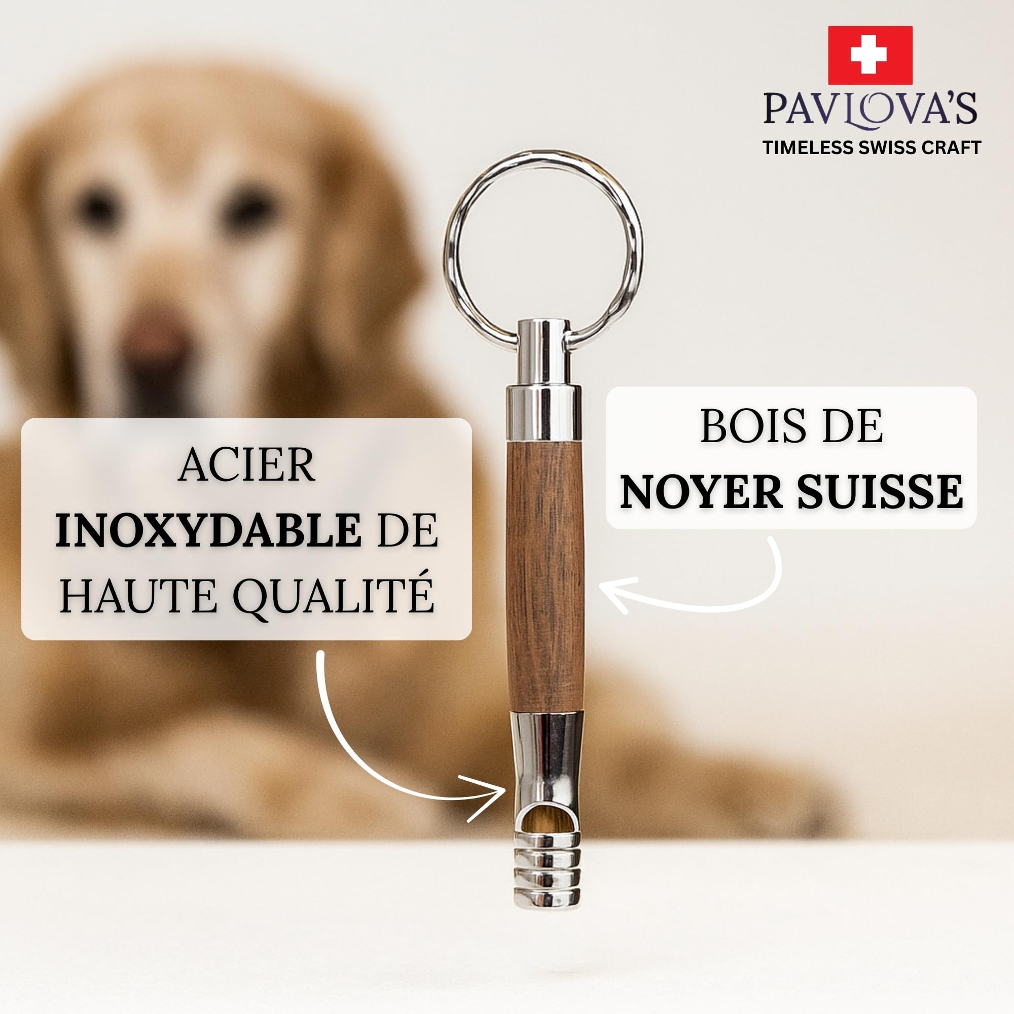 PAVLOVA'S - Sifflet pour chien fabriqué à la main en bois de noyer naturel suisse fabriqué en Suisse