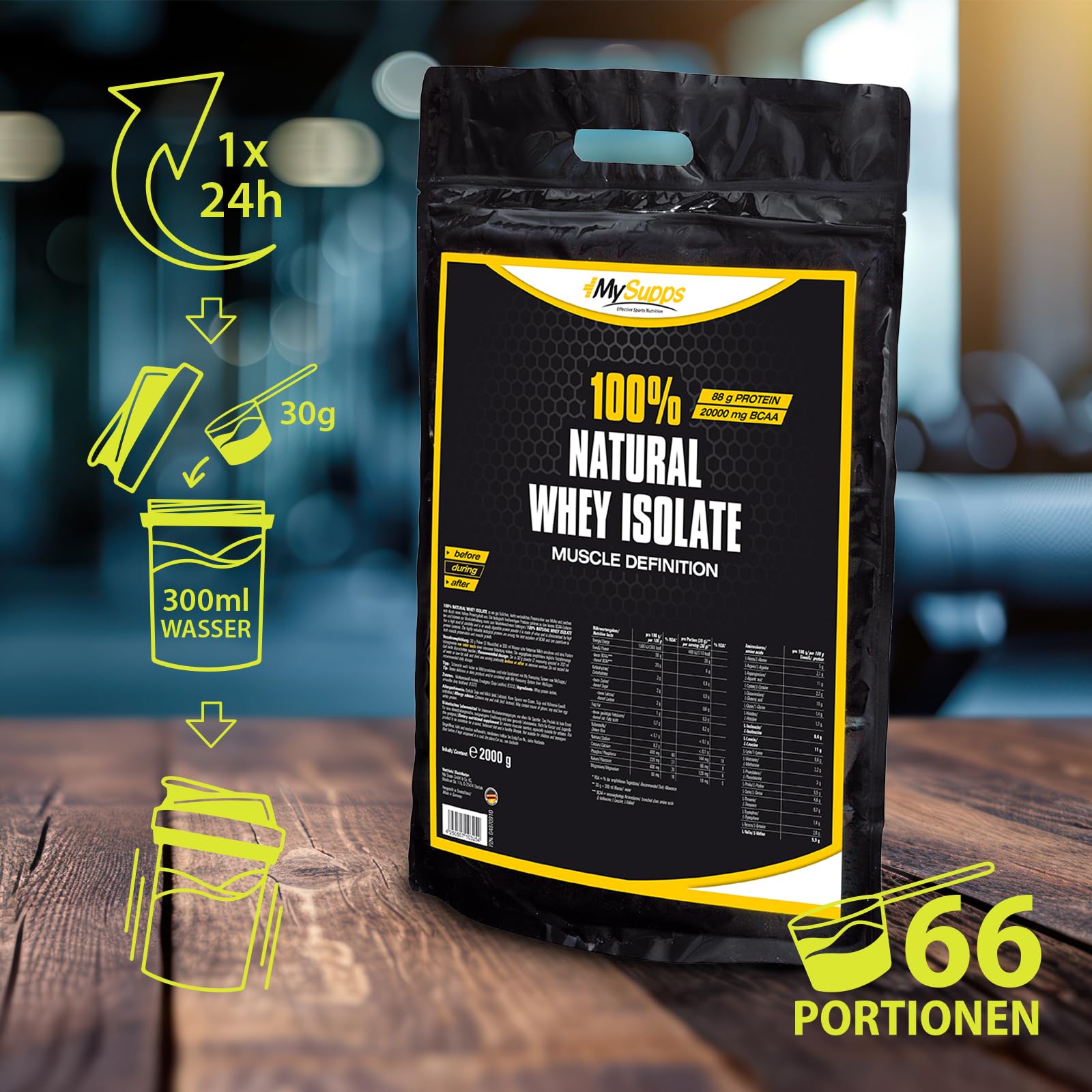 My Supps 100% Natural Hydro Whey Isolat, CFM-Molkenprotein-Isolat-Pulver mit essentiellen Aminosäuren, Glutamin und BCAA, Geschmack: Neutral, 66 Portionen, Made in Germany