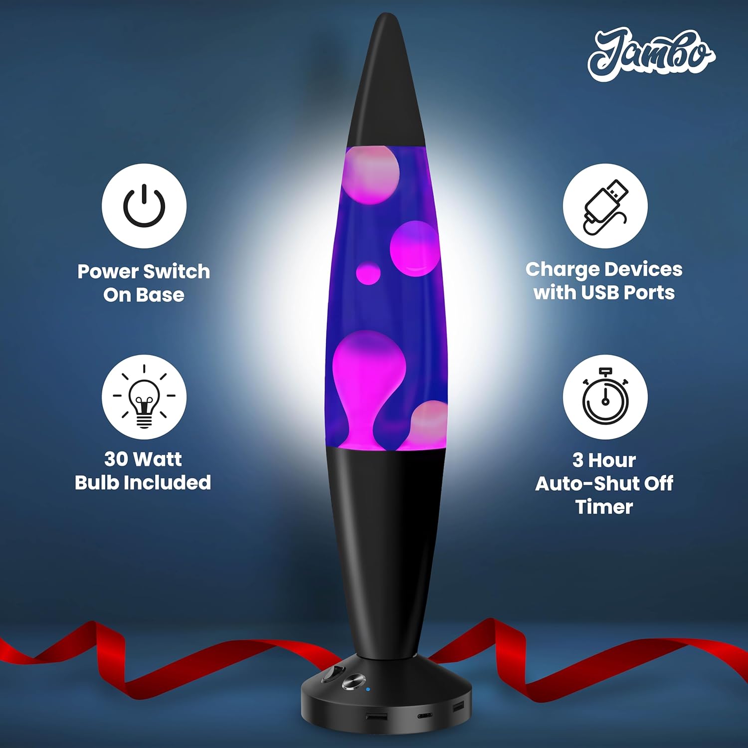 JAMBO 16-Inch Beautiful Lamp with Wax, Relaxing Night Light Home Decor, Extra Tall, Living Room Office Bedroom Lamp for Adults, Teens, Kids (USB, Auto Shut Off, Black Base, Purple Liquid, White Wax)