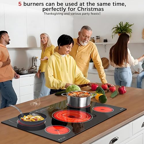Miniatura 4 de Karinear Estufa eléctrica de 36 pulgadas, estufa eléctrica de 5 quemadores, placa de cerámica eléctrica radiante de vidrio integrada, zonas