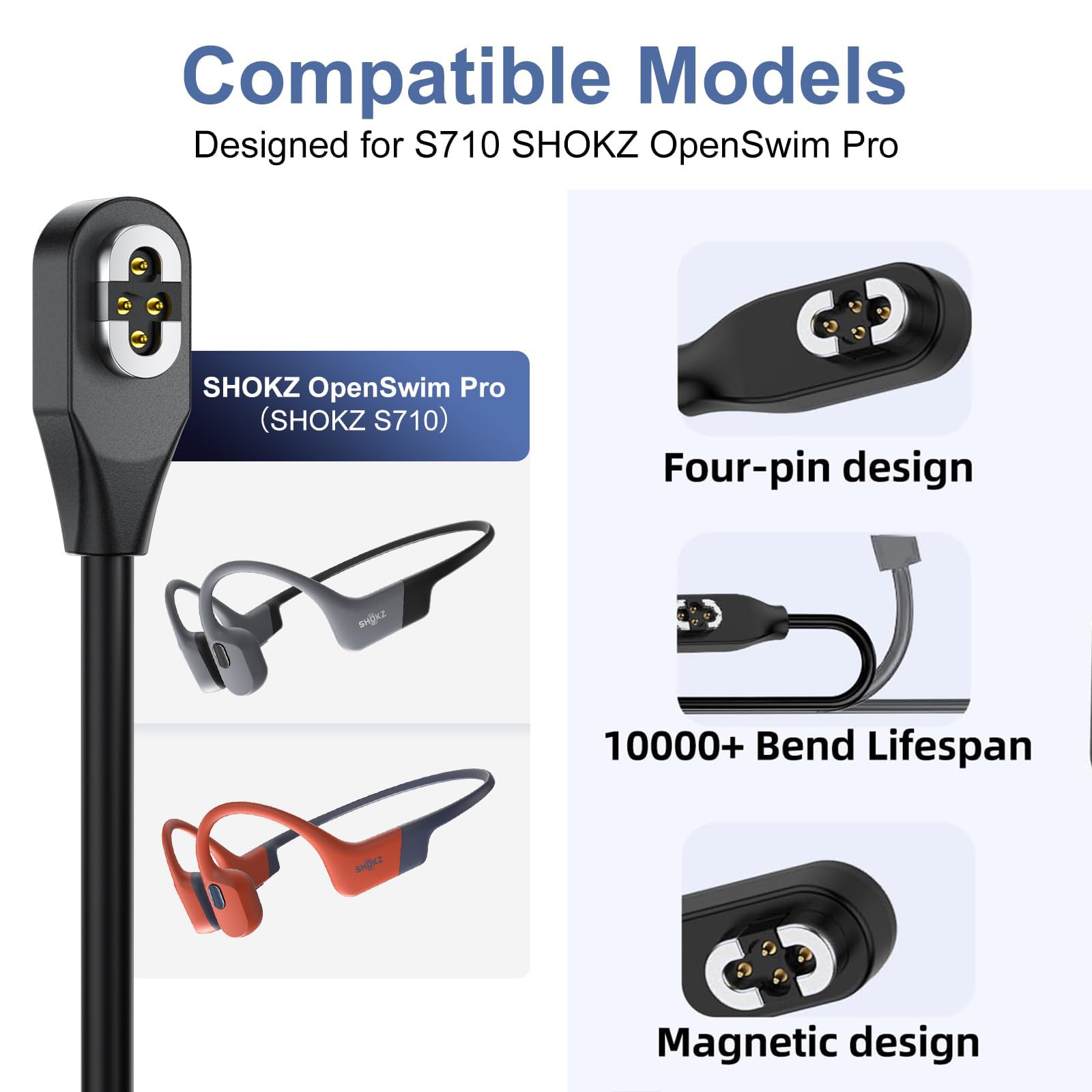 Paquete de 2 cables de carga magnéticos compatibles con Shokz OpenSwim Pro S710 Bone Sound Conducting Earphone Charging Cable Type-C a 4Pin Magnetic Charging Cable USB y USB C a Shokz S710, 1