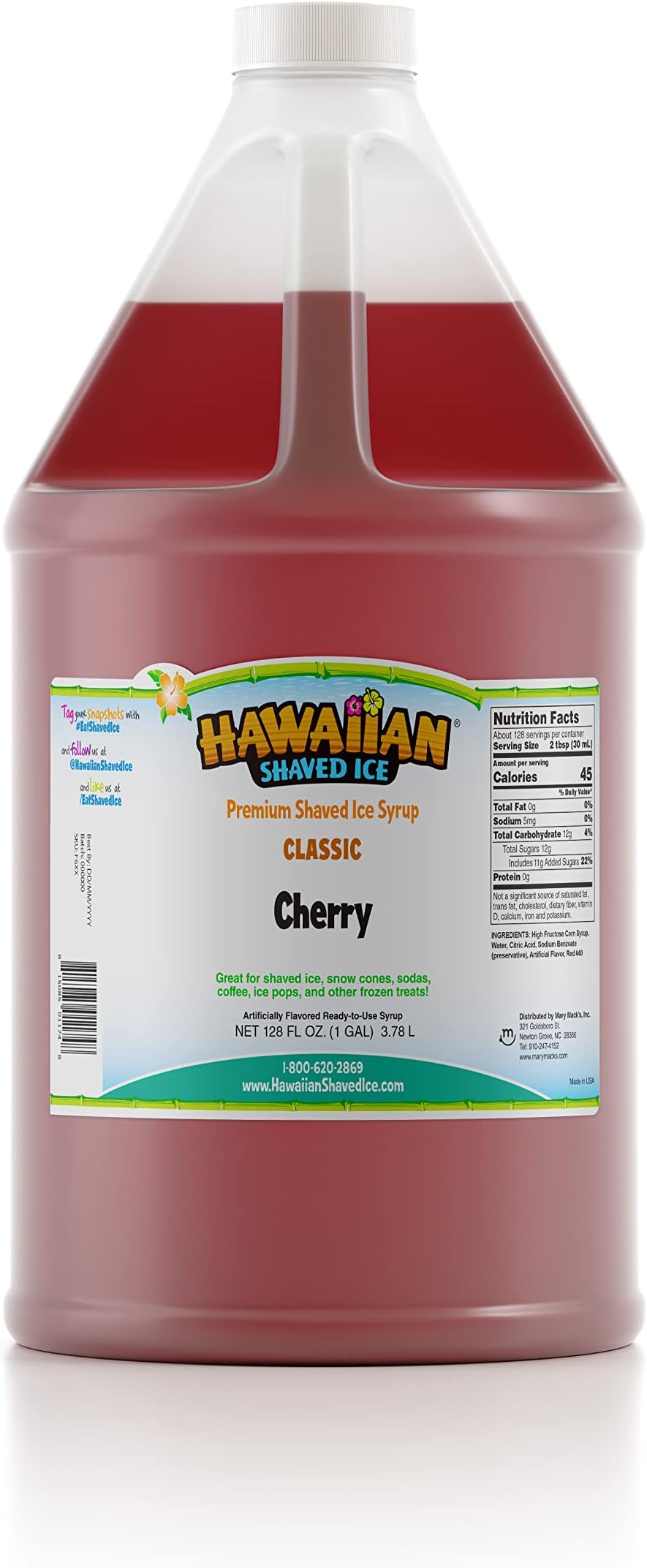 Hawaiian Shaved Ice Syrup, Cherry, Gallon