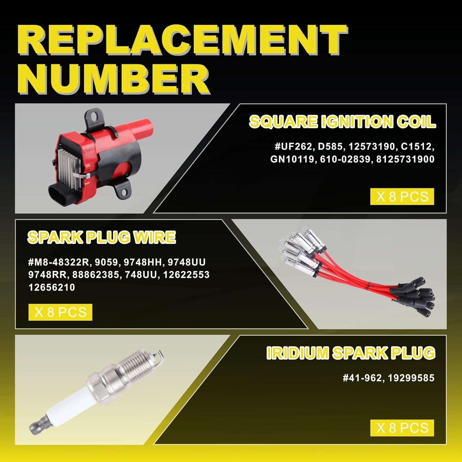 Set of 8 Round Ignition Coils UF262+ 41-962Spark Plugs+ 748UU 8mm Spark Plug Wires for Chevy Avalanche Express Tahoe Silverado Suburban 1500 2500 3500/GMC OEM# D585 (UF262 red)