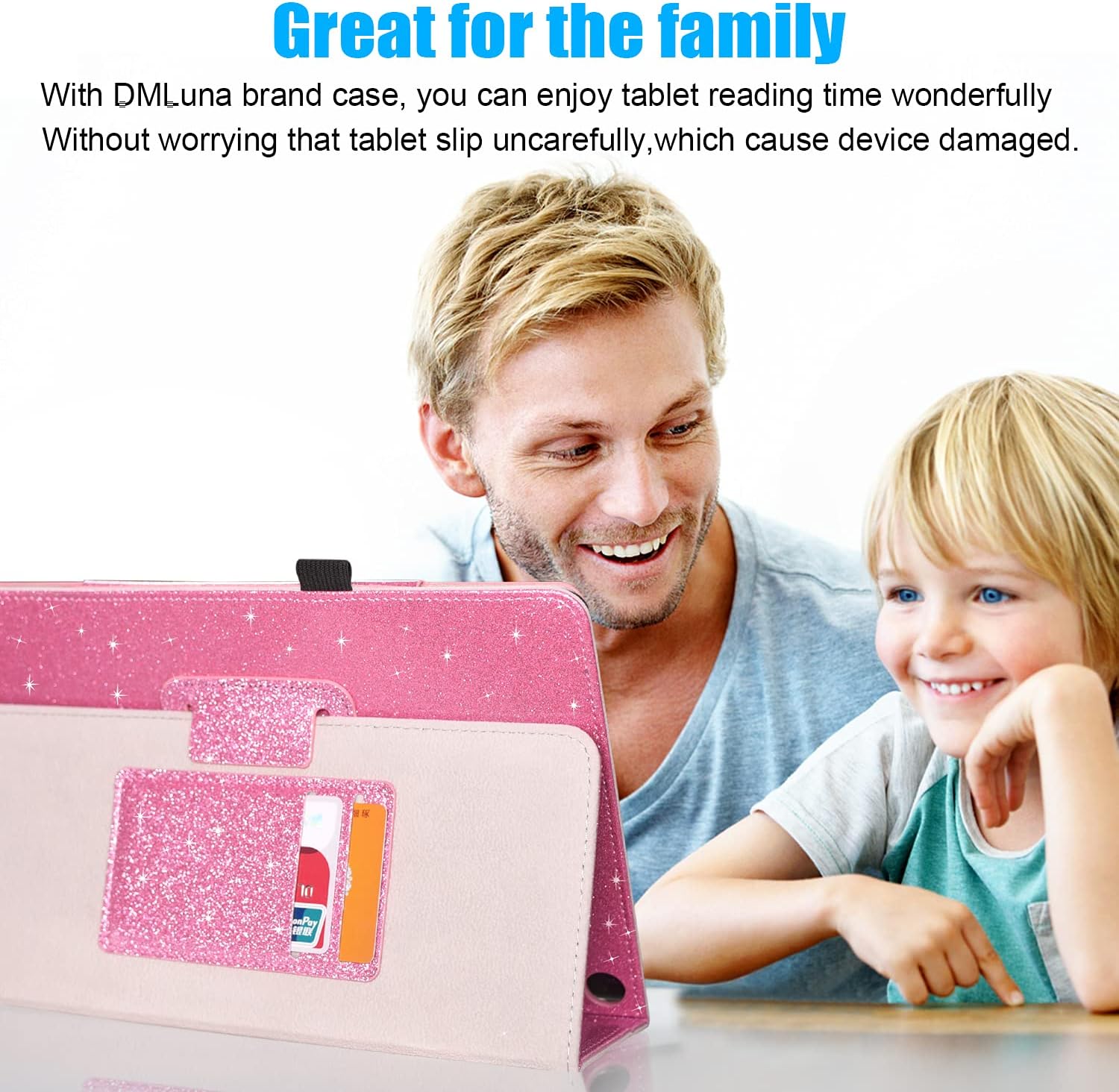 DMLuna Case for All-New Amazon Fire HD 10 & 10 Plus Tablet (13th / 11th Generation, 2023/2021 Release) 10.1", Slim Cover with Folding Stand, Auto Wake/Sleep, Hand Strap, Card Slot - Glitter Pink