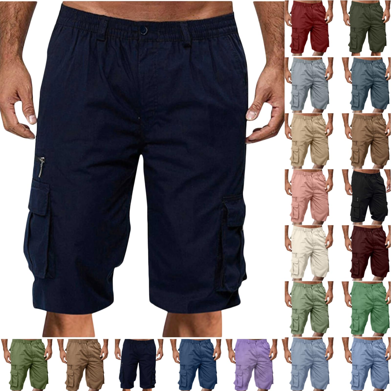 Cargo Shorts for Men,Summer Casual Elastic Waist Big Tall Baggy Shorts Lightweight Hiking Short with Multi Pockets