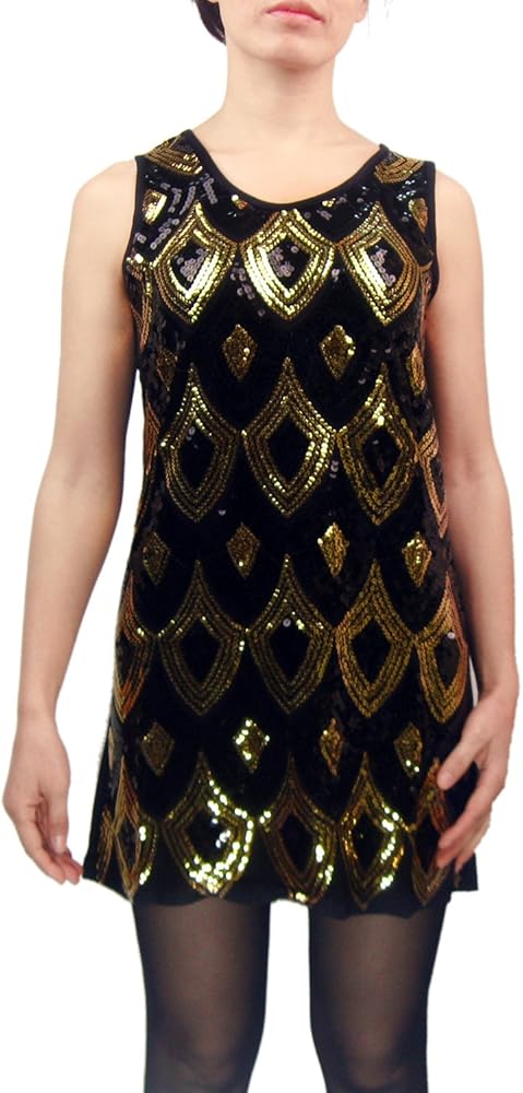 Sequin Art Deco Inspired Charleston Holiday Casual Attire Dress Flapper  Black at Amazon Women's Clothing store