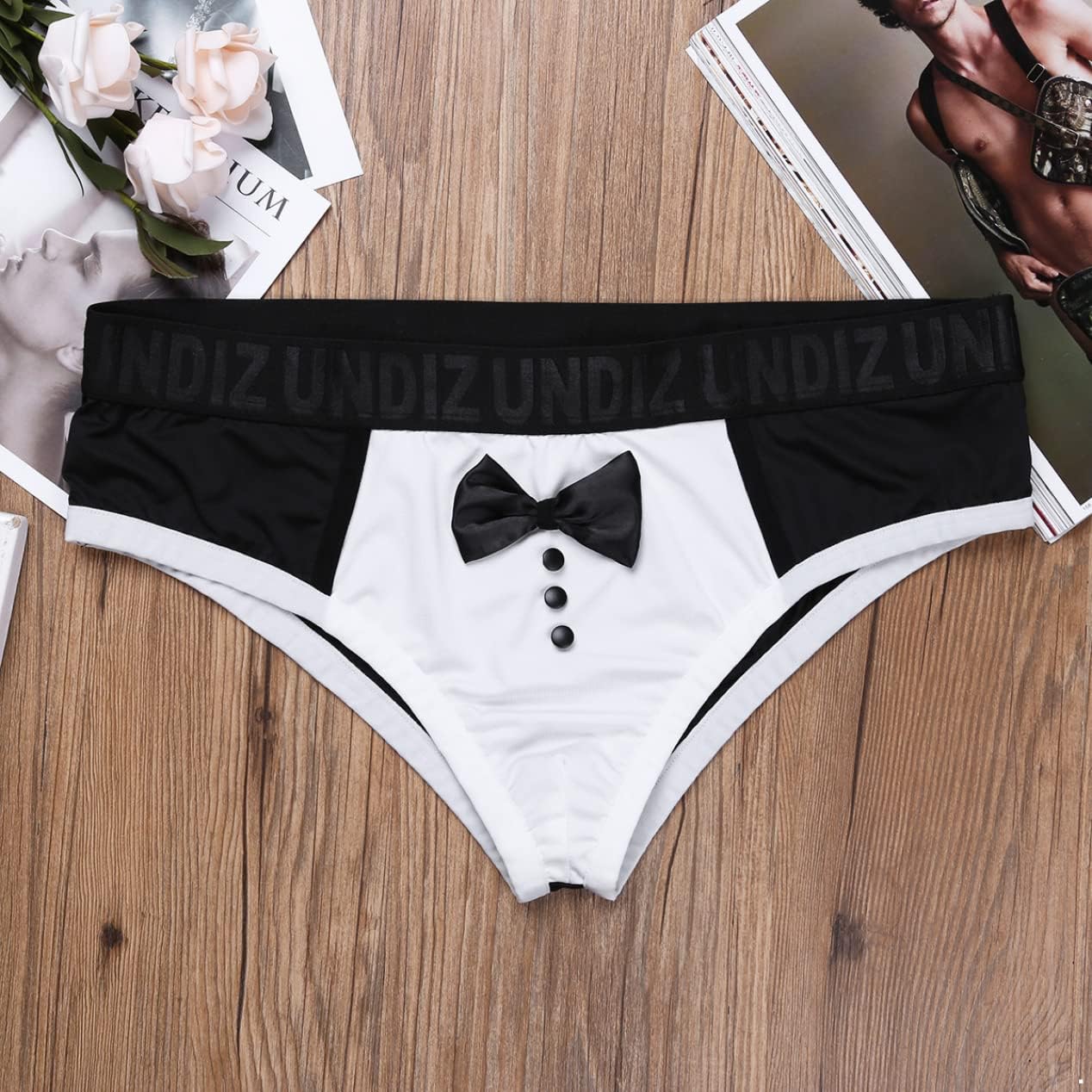 inlzdz Men's Sexy Tuxedo Briefs Sissy Pouch Short Panties with Bow Tie Waiter Costume Lingerie Underwear