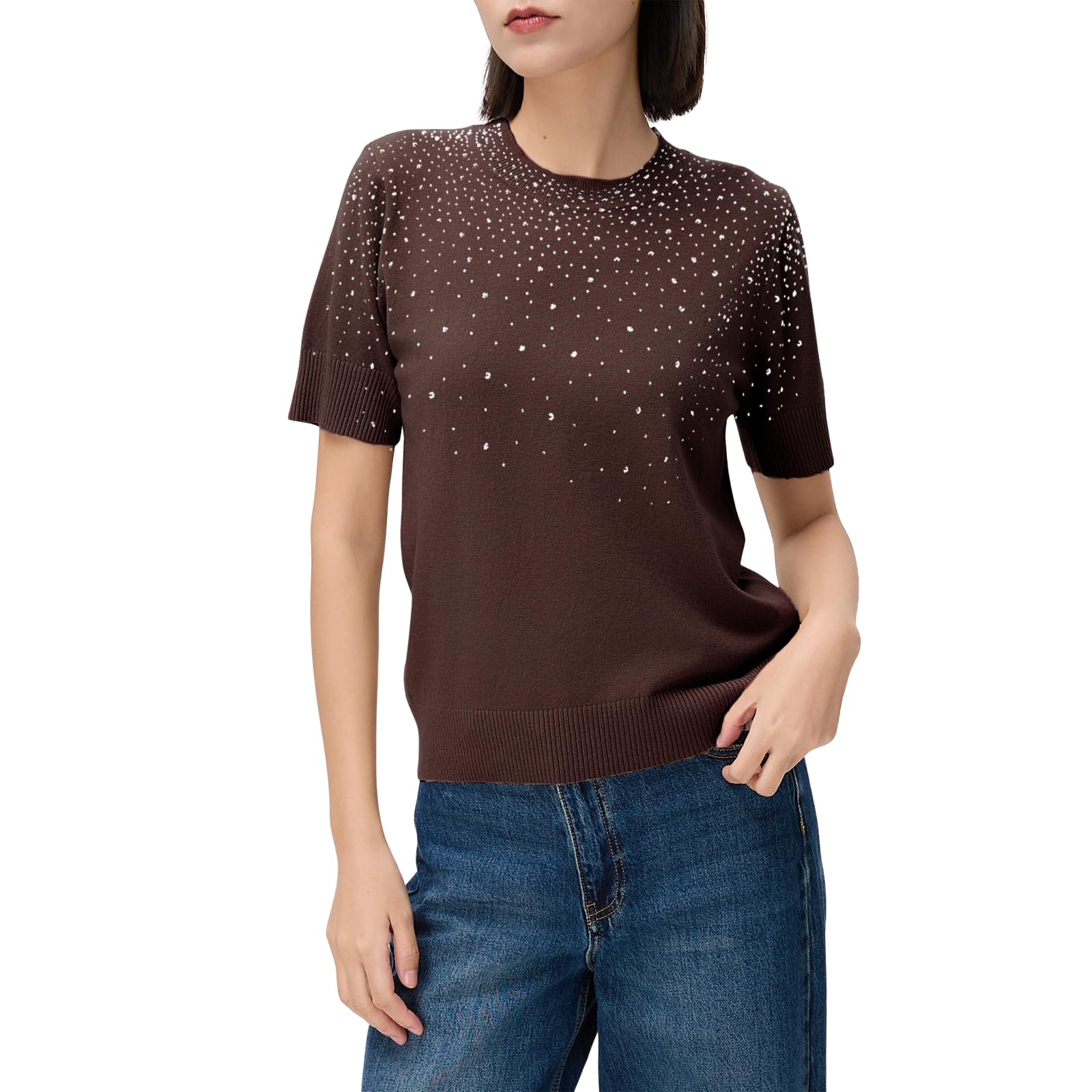 Suéter de Mujer Ligero Mangas Cortas Cuello Redondo | Malla Fina Transpirable Alta Elasticidad | Viscosa | Básico de Chaqueta/Capa
