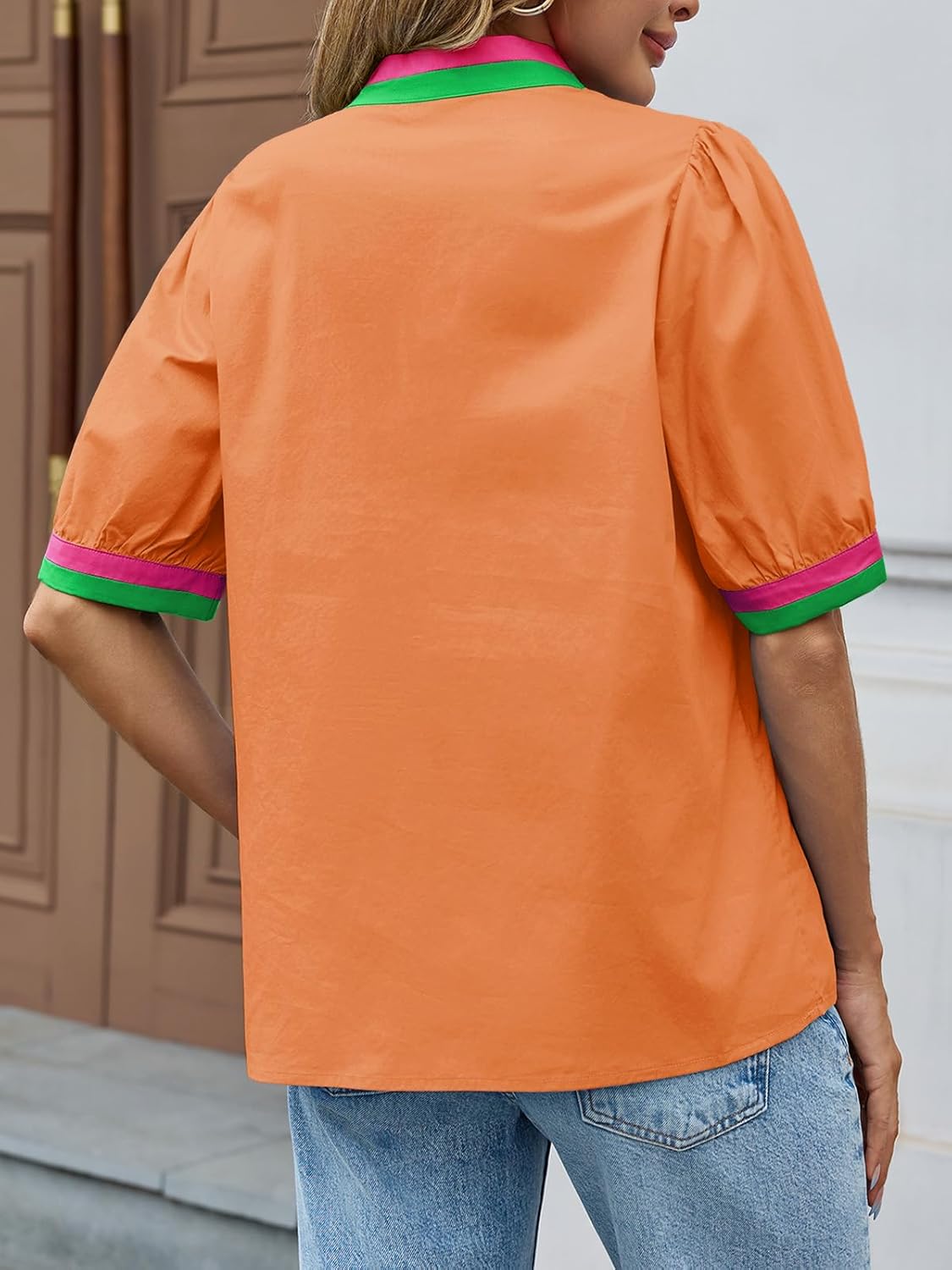 Tankaneo Womens Color Block Puff Sleeve Tops Dressy Casual V Neck Cotton Blouses Summer Loose Fit Tees Shirts - Image 7