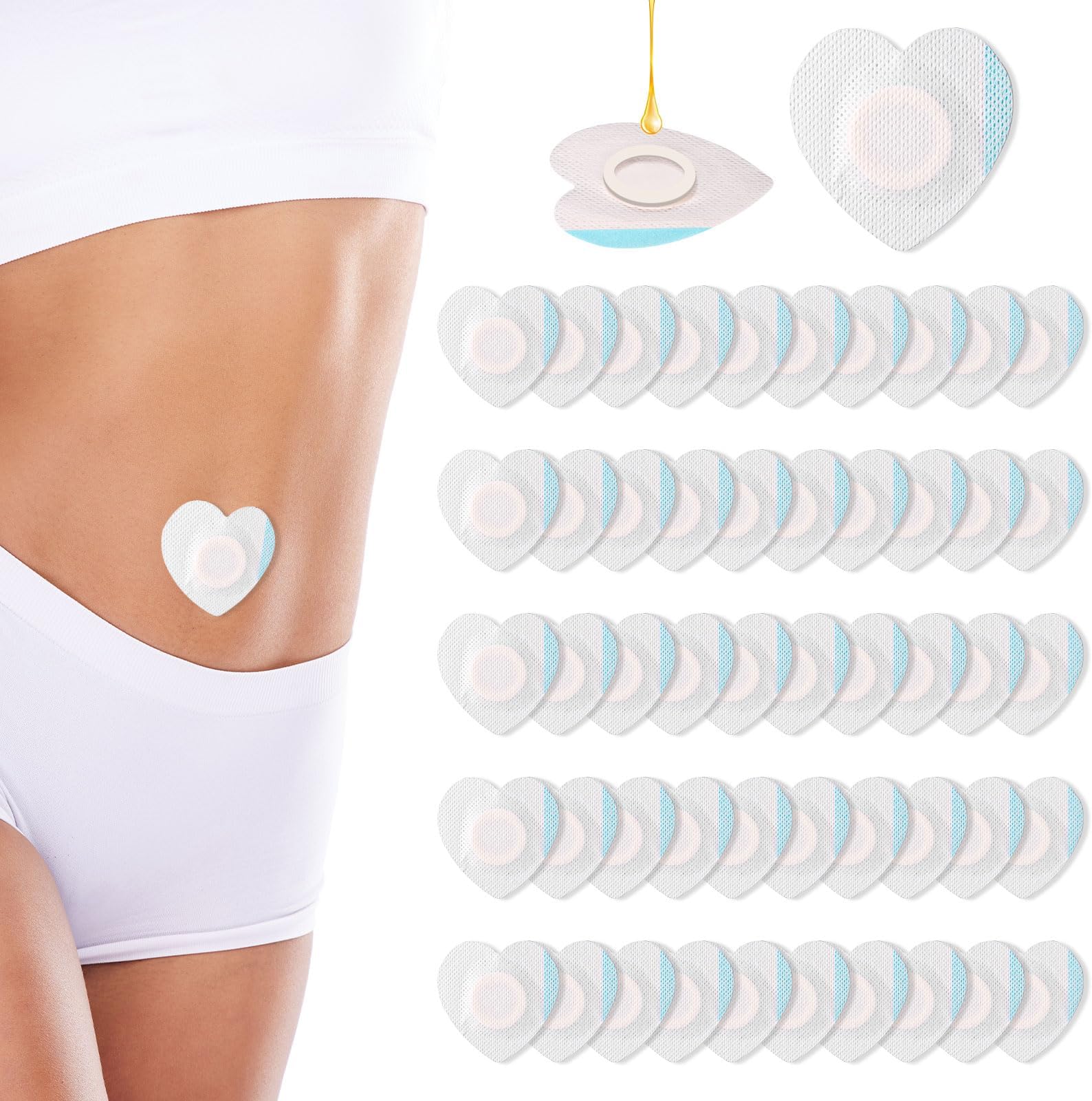 50pcs Castor Oil Pack Wrap for Belly Button, Heart Shape Castor Oil Patches Self-Adhesive & Highly Absorbent Castor Oil Pads Waterproof Castor Oil Wrap (Oil Not Included)