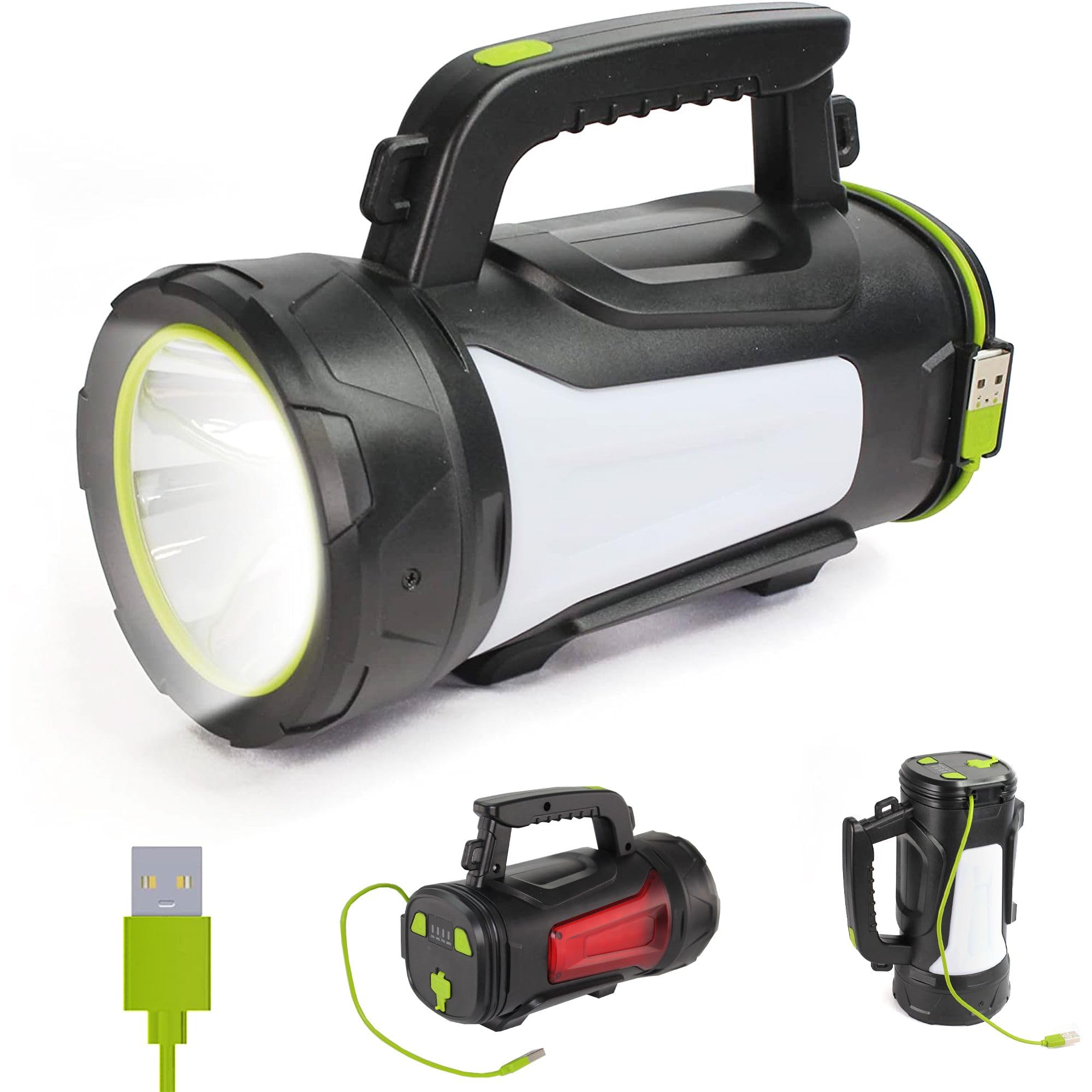 Fishtec - Lampe Torche LED 1000 Lumens - Portée 1 Km 3 Modes Blanc Rouge COB Rechargeable USB Câble Intégré Batterie Externe Poignée Ergonomique Bandoulière ABS Compacte Camping Travaux