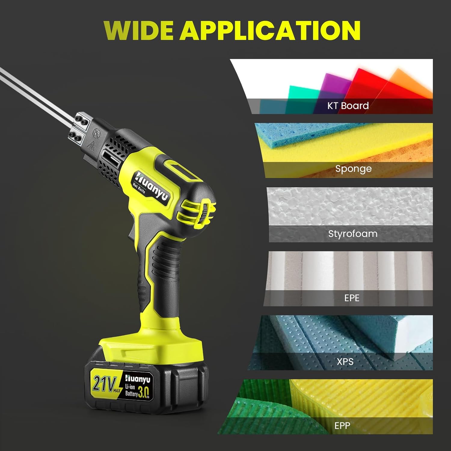 Huanyu Cordless Hot Knife with Temperature Display 100W Max 500℃ 3.0Ah Battery Powered Air Cooling Cutting Tool 2 Blades 4"+6" Set Electric Hot Knife for Styrofoam, Rope, Fabric, Acrylic