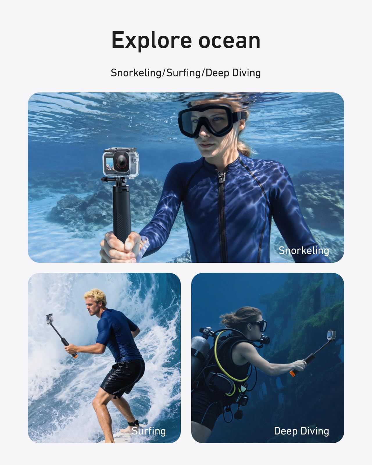 TELESIN Ensemble de coque étanche pour DJI Action 5/4/3, boîtier étanche avec bâton à selfie flottant et support de changement rapide, adapté à la plongée jusqu'à 45M pour la plongée avec tuba et la