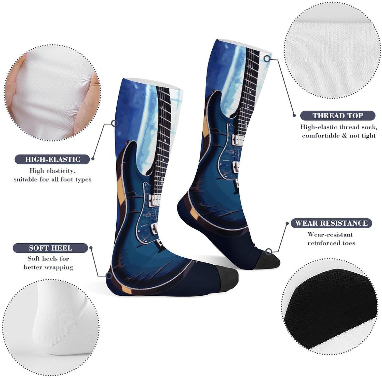 Knee High Socks Blue Guitar Long Tube Boot Seamless Toe