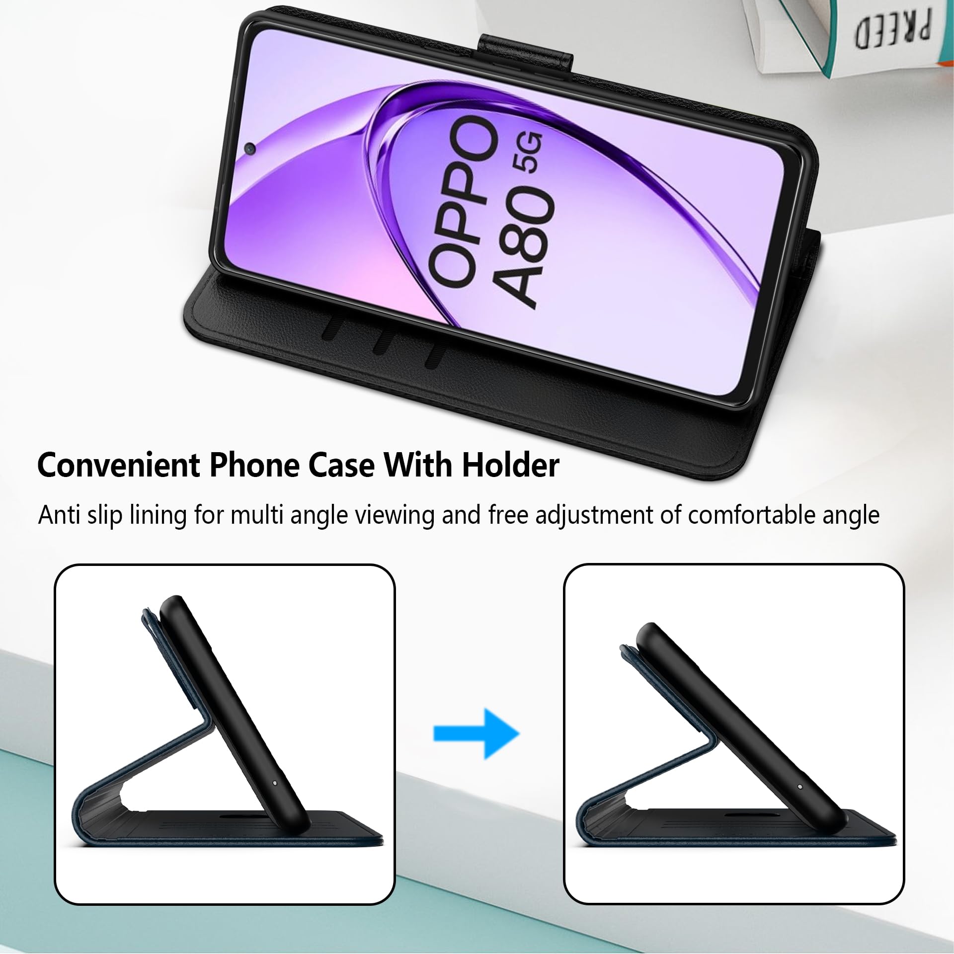 Aiziki Custodia per Oppo A80 5G +1 Vetro Temperato, Copertura Protettiva in Pelle PU Premium, Pieghevole, Aspirazione Magnetica, Prevenzione Delle Cadute, Carta Fessura - Nero
