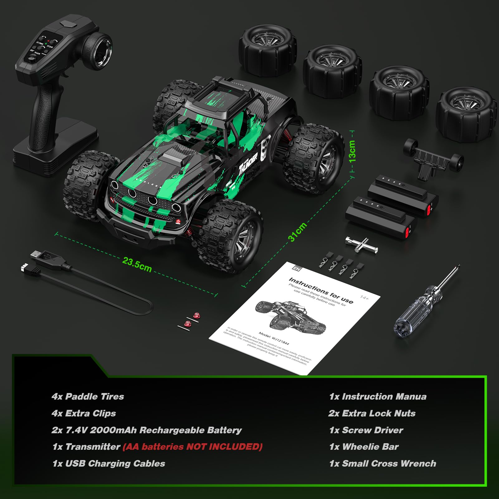 HappyGoLucky 1:14 Coche Teledirigido Adulto, 50 KM/H, 2 Baterías de 2000 mAh, 4x4 Coches RC Alta Velocidad con Luz LED, Offroad Monster Truck Juguete Regalo para Niños Adulto