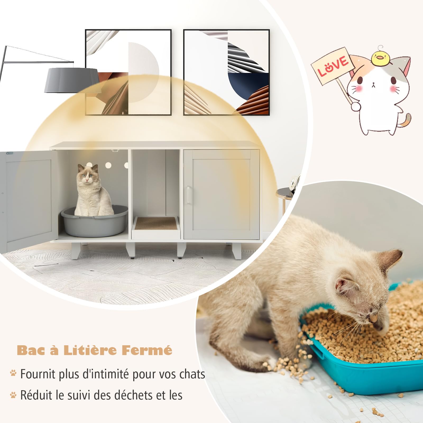 GOPLUS Meuble Litiere Chat 3 en 1, Maison de Toilette Chat en Bois 52x120x65CM, Cache Litiere avec 2 Porte, Pieds Réglables, Planche à Griffer Détachable, Trou de Ventilation, Table TV, Moderne