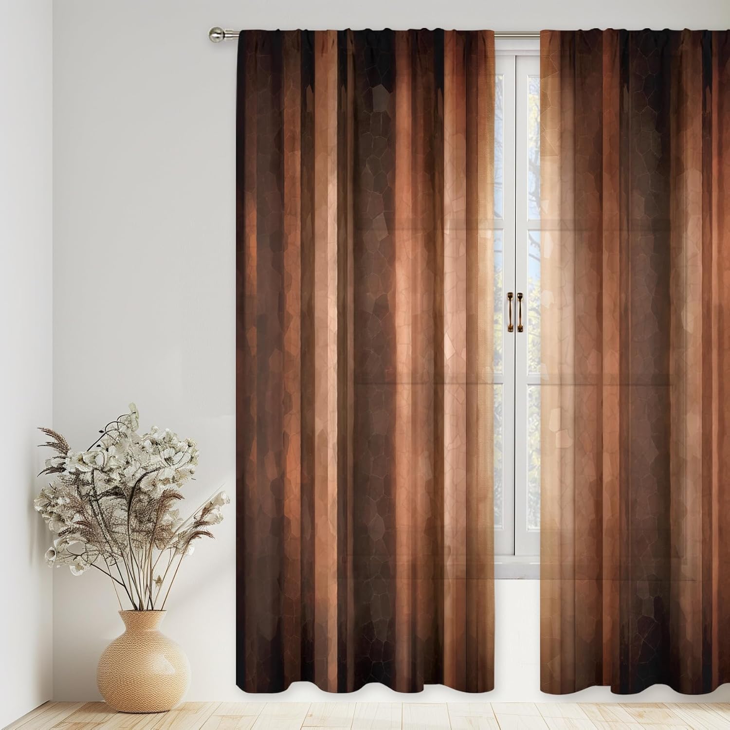 MESHELLY Brown Curtains 52W x 84H Inch Rod Pocket Western Vintage Farmhouse Rusty Orange Bedroom Decor Rustic Copper Stripe Tan Bronze Modern Simple Printed Living Room Window Drapes Fabric 2 Panels