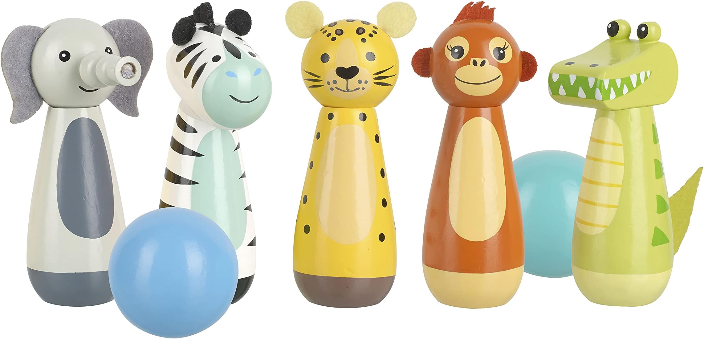 Jungle Animals Wooden Skittles - Bowling Set Skittles Game for Kids, Indoor and Garden Toys - Wooden Toys for 2 Year Olds, Toddler - Early Development & Activity Toys by Orange Tree Toys