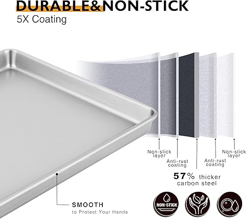 Miniatura 10 de HONGBAKE Juego de 2 sartenes antiadherentes para horno tostador, sartén de 18 hojas prémium para hornear, bandeja de galletas pequeña, apta para