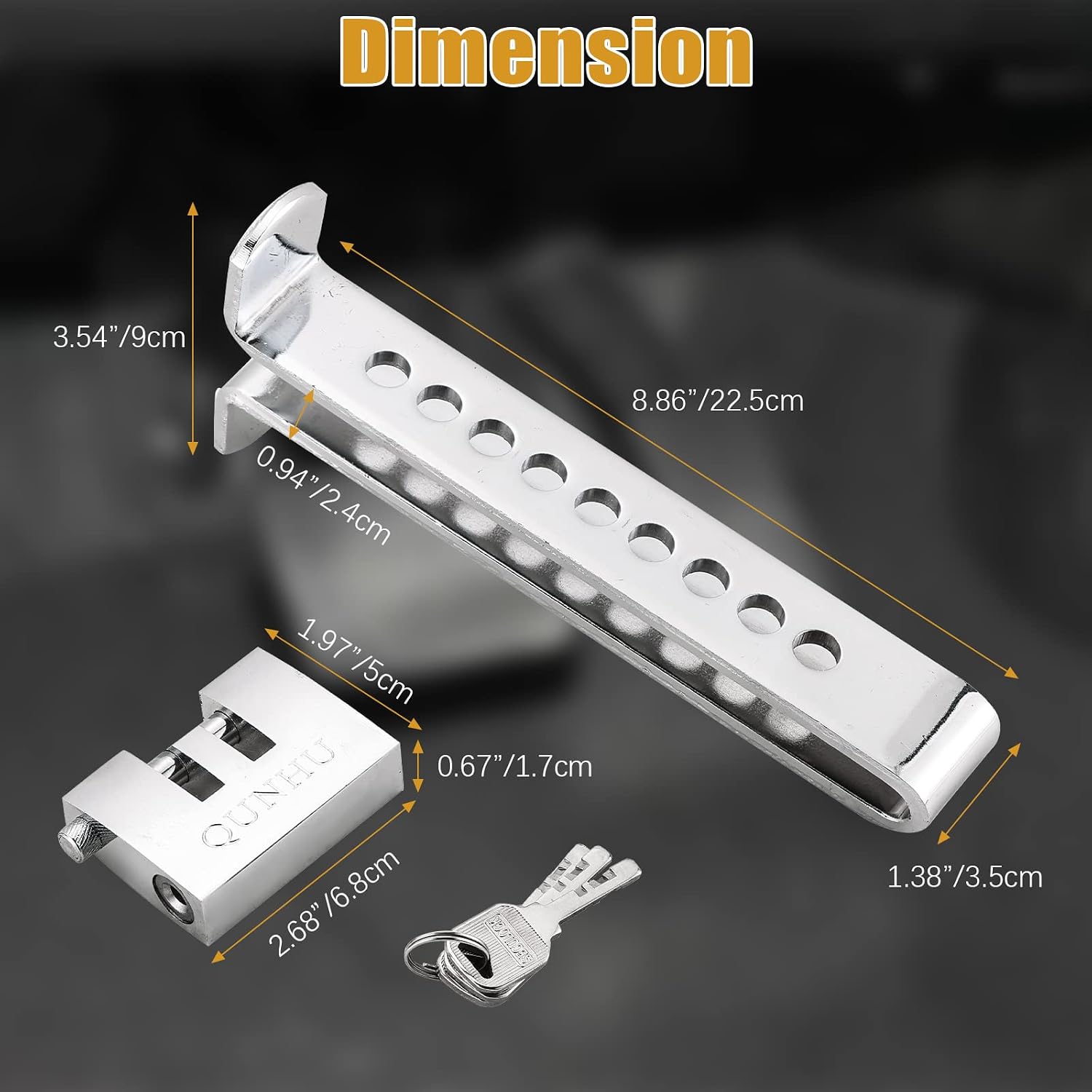FLKQC Anti-Theft Brake Clutch Lock, Stainless Steel Clutch Lock Accelerator Lock, 9 Hole Adjustable Vehicle Brake Pedal Lock with 3 Keys, Compatible for Pedal Less Than 0.54 inches, Anti-Theft Device