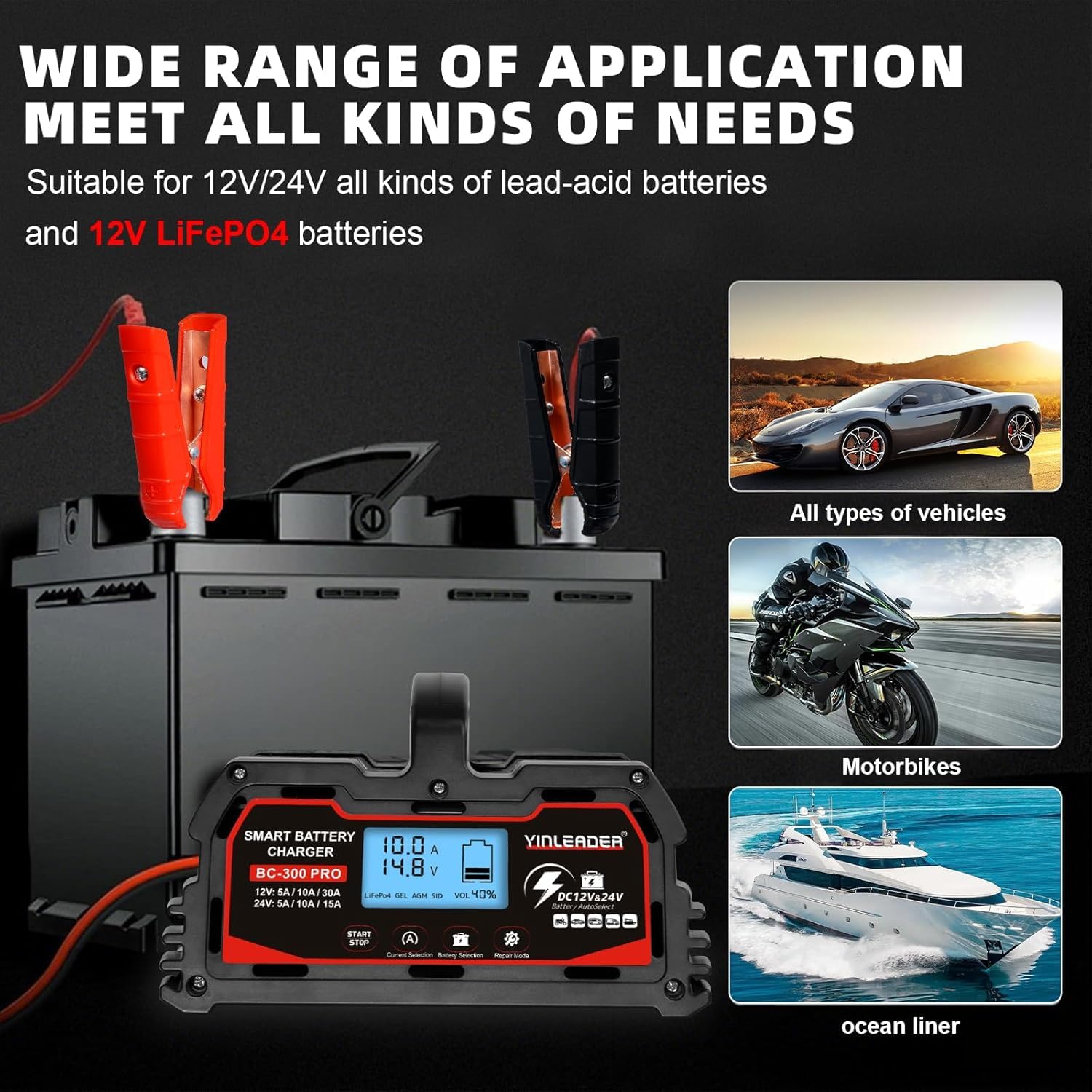 Cargador de batería inteligente 30 A, 12 V/24 V de plomo-ácido, cargador de batería de coche LiFePO4 12 V, sostenedor automático de batería para coche, motocicleta, cortacésped, barco