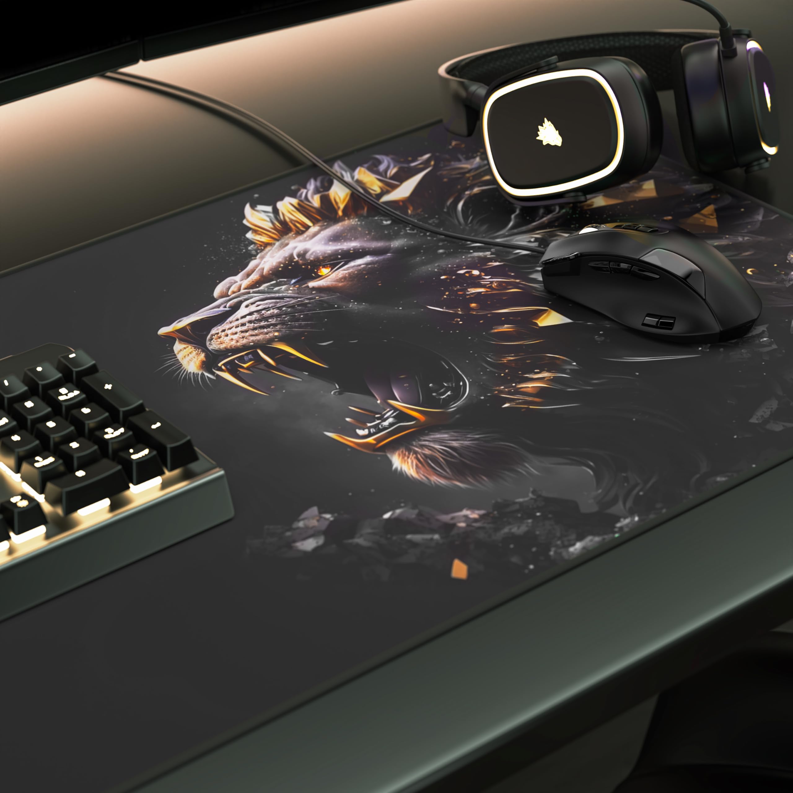 TITANWOLF – Alfombrilla Gaming XXL para ratón 900x400 – Mouse Pad - Precisión y Velocidad - Parte Inferior de Goma para una sujeción Estable - Antideslizante, Resistente al Agua – Gold Lion