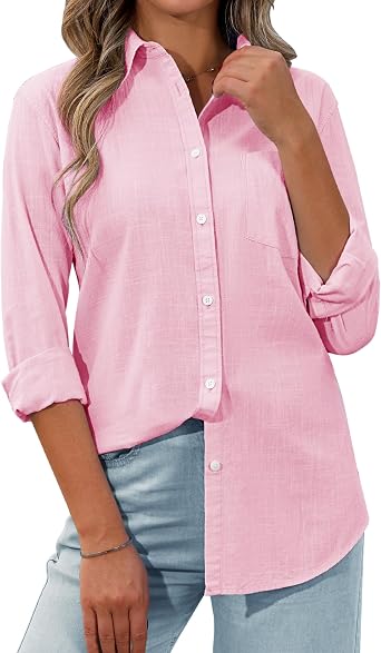 siliteelon Womens Button Down Shirt Linen Button Up Shirts for Women Long Sleeve Summer Shirt Collared Blouse Linen Tops
