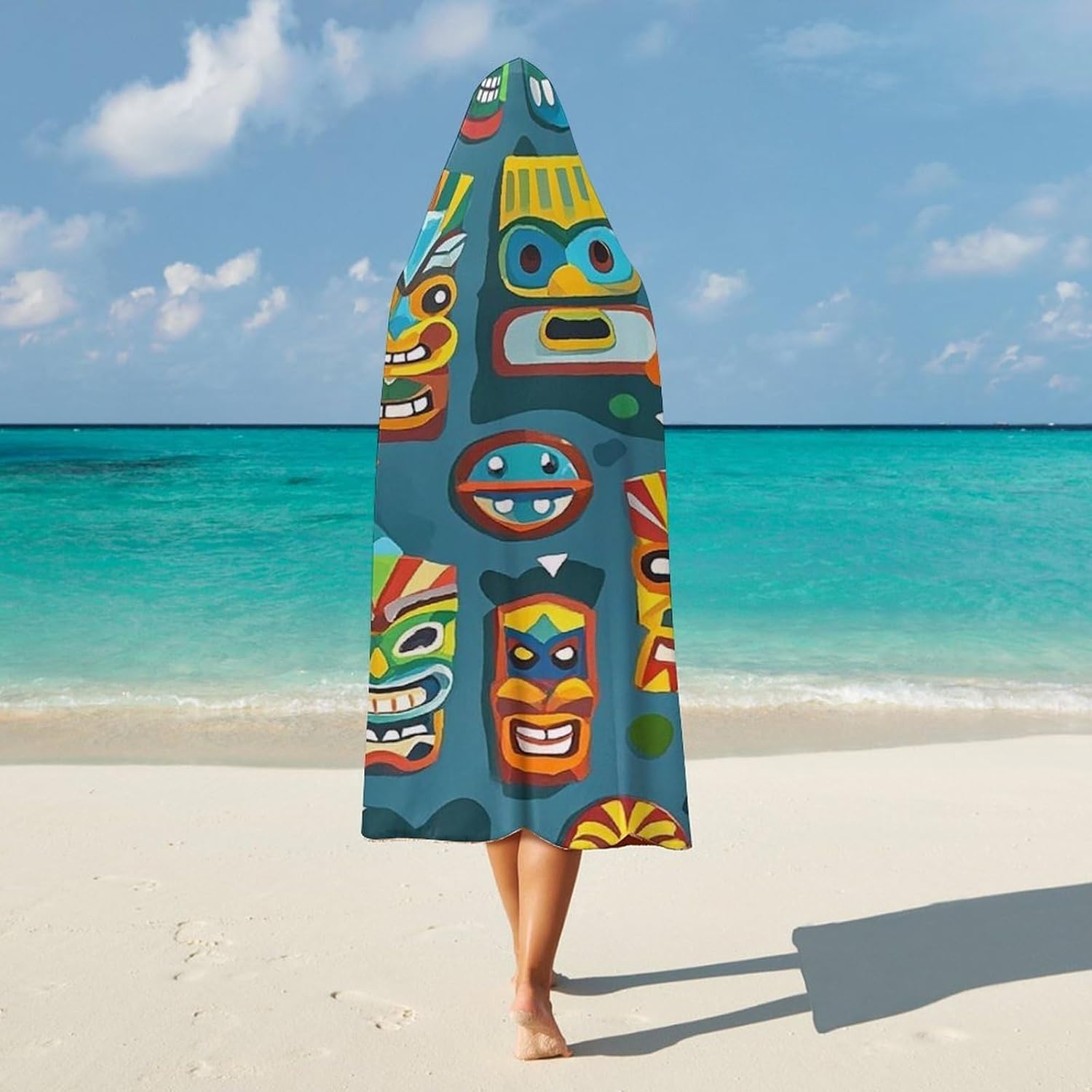 Colorful Tiki Mask Wearable Fleece Blanket with Hood for Men & Women Oversized Hoodie Blanket Soft Cozy Gift-