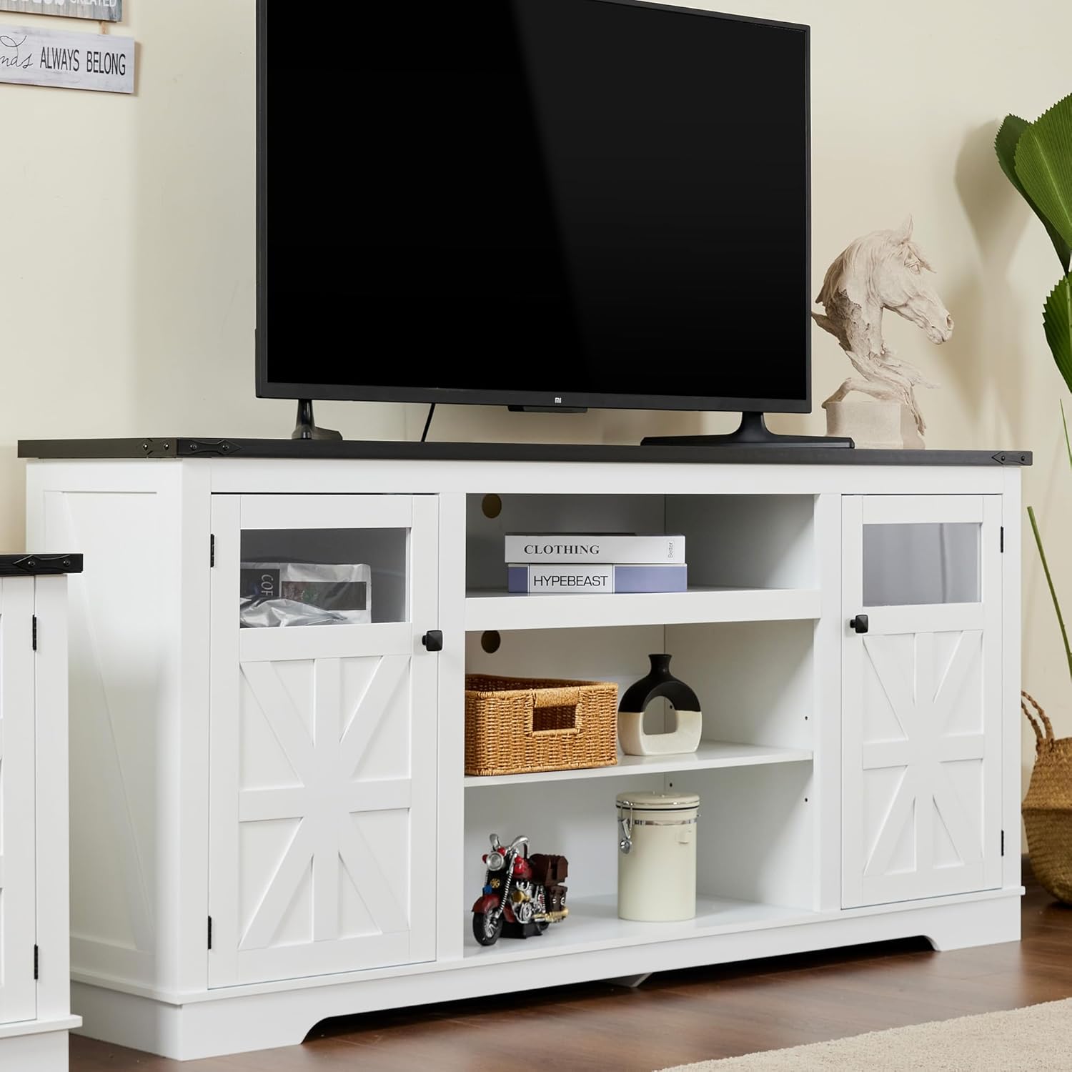 Real Relax 65" Farmhouse TV Stand, Rustic Entertainment Center for 75-inch TVs, Adjustable Divider, Media Console Cabinet, Suitable for Living Room, White