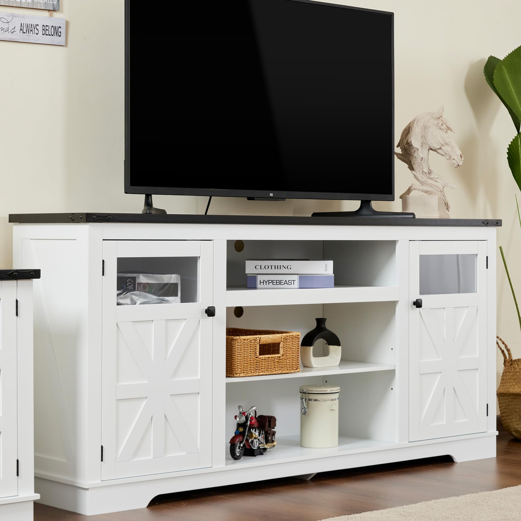 Real Relax 65" Farmhouse TV Stand, Rustic Entertainment Center for 75-inch TVs, Adjustable Divider, Media Console Cabinet, Suitable for Living Room,