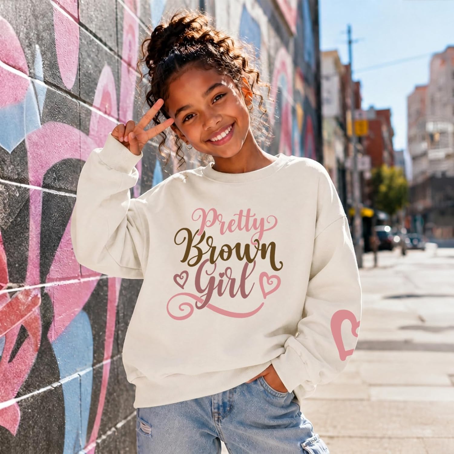 BeWithYou Girls Graphic Sweatshirts Pretty Brown Girl Crewneck Preppy Sweatshirt Positive Affirmation Pullover Aesthetic Tops