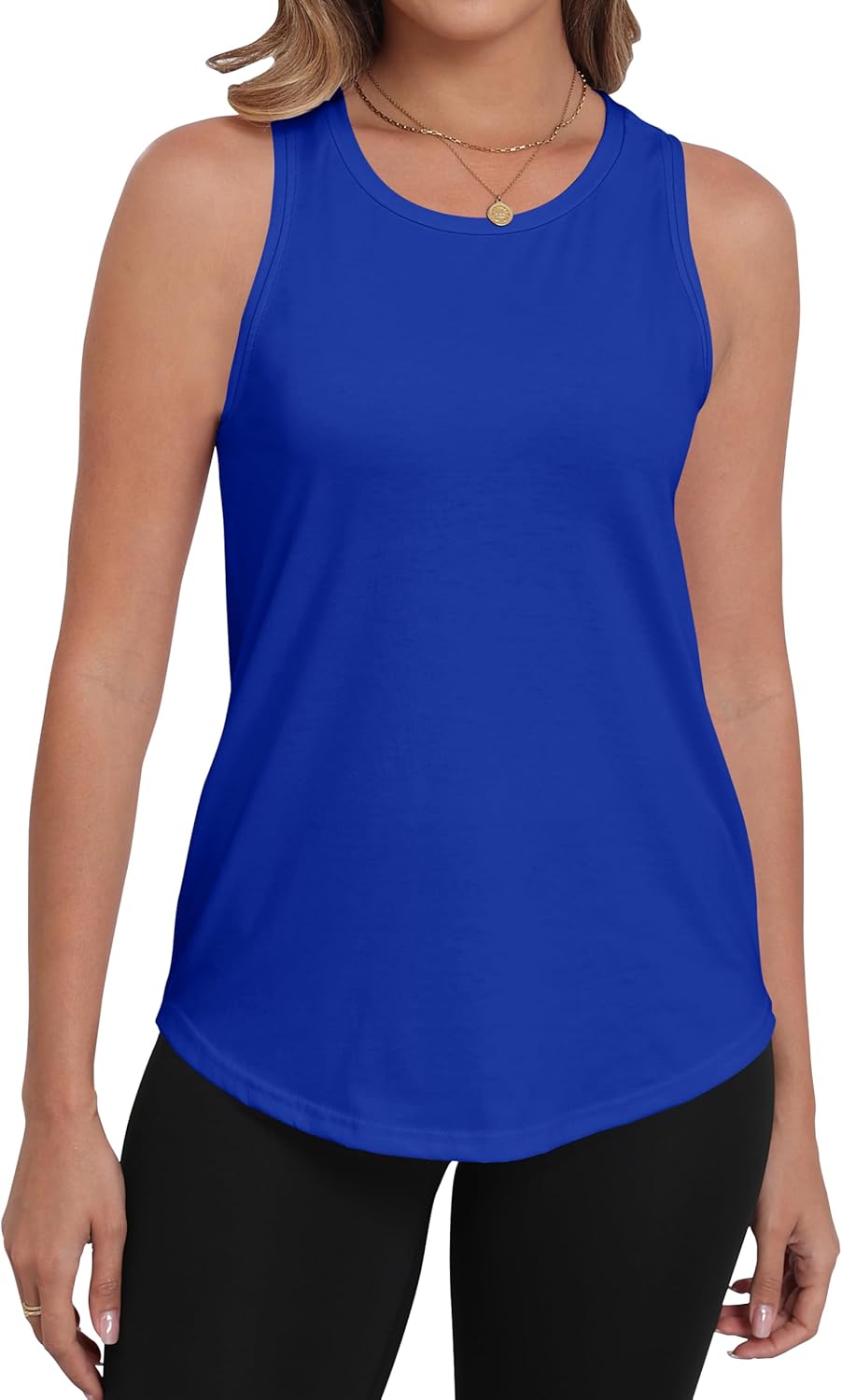 PRIMODA Womens Sleeveless Tank Tops Crew Neck Loose Fit Summer Casual Flowy Curved Tunic Shirt