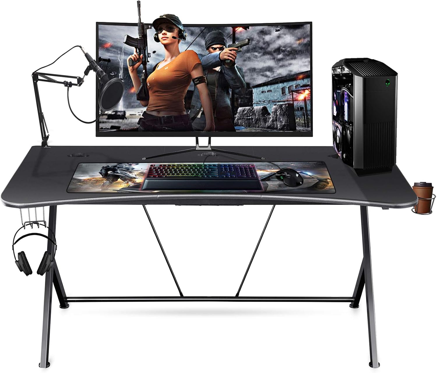 Mr IRONSTONE Large Gaming Desk 63" W x 32" D Home Office Computer Table, Black Gamer Workstation with Cup Holder, Headphone Hook and 3 Cable Management Holes