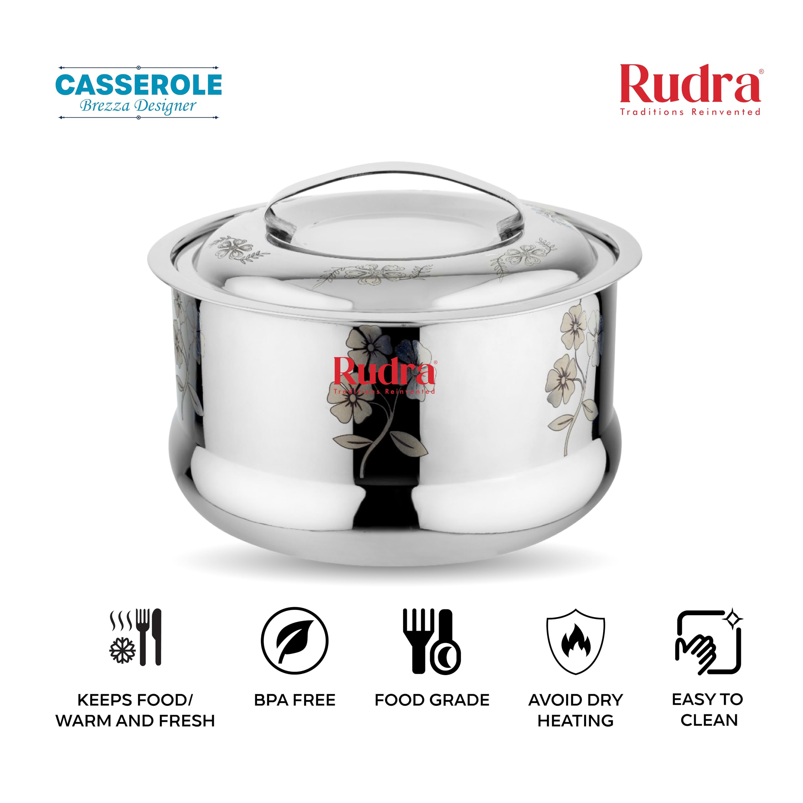 RUDRA Brezza Designer Silver Double Walled Stainless Steel Casserole, | PU Insulated | Hot & Cold | Hygiene | Odourless|Easy to Carry| (2.0 litres) 1