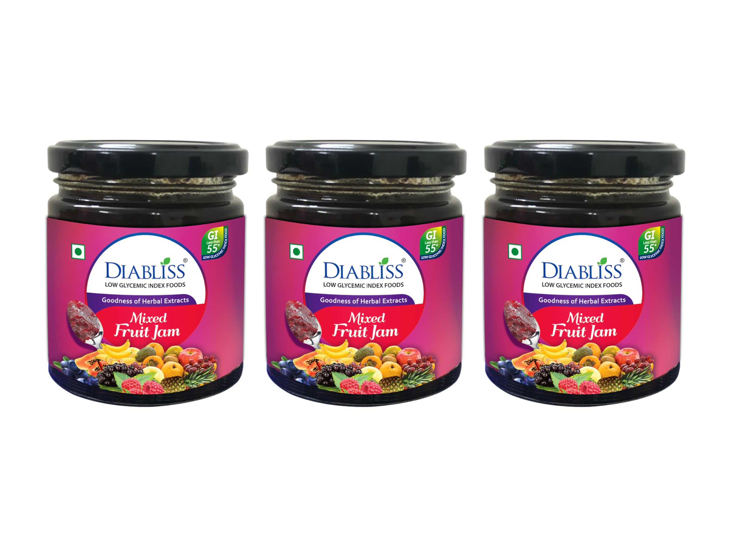 Diabliss Low GI Mixed Fruit Jam – Fresh Fruits & Diabliss Low GI Sugar with 17 Herbs | Glucose Friendly Spread for Toast & Chapathi | Healthy Natural Taste | Trusted in 3 Continents | 225g Bottle - Pack of 3