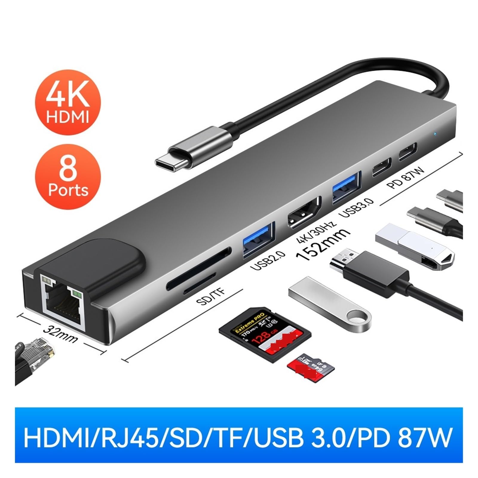 Chargeur USB, 4/8 en 1 USB 3.0 Hub for ordinateur portable adaptateur PC PD Char 8 Ports Station d'accueil USB multi-port de char for plusieurs appareils(5 In 1)