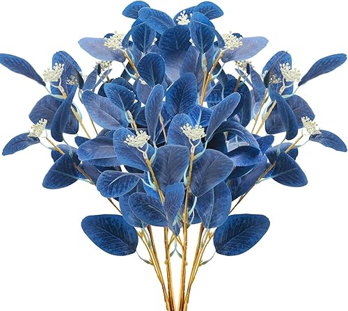 GTIDEA 6 tallos de eucalipto sintéticos, hojas de eucalipto artificiales azules, tallos verdes, ramas con semillas, planta de eucalipto de dólar