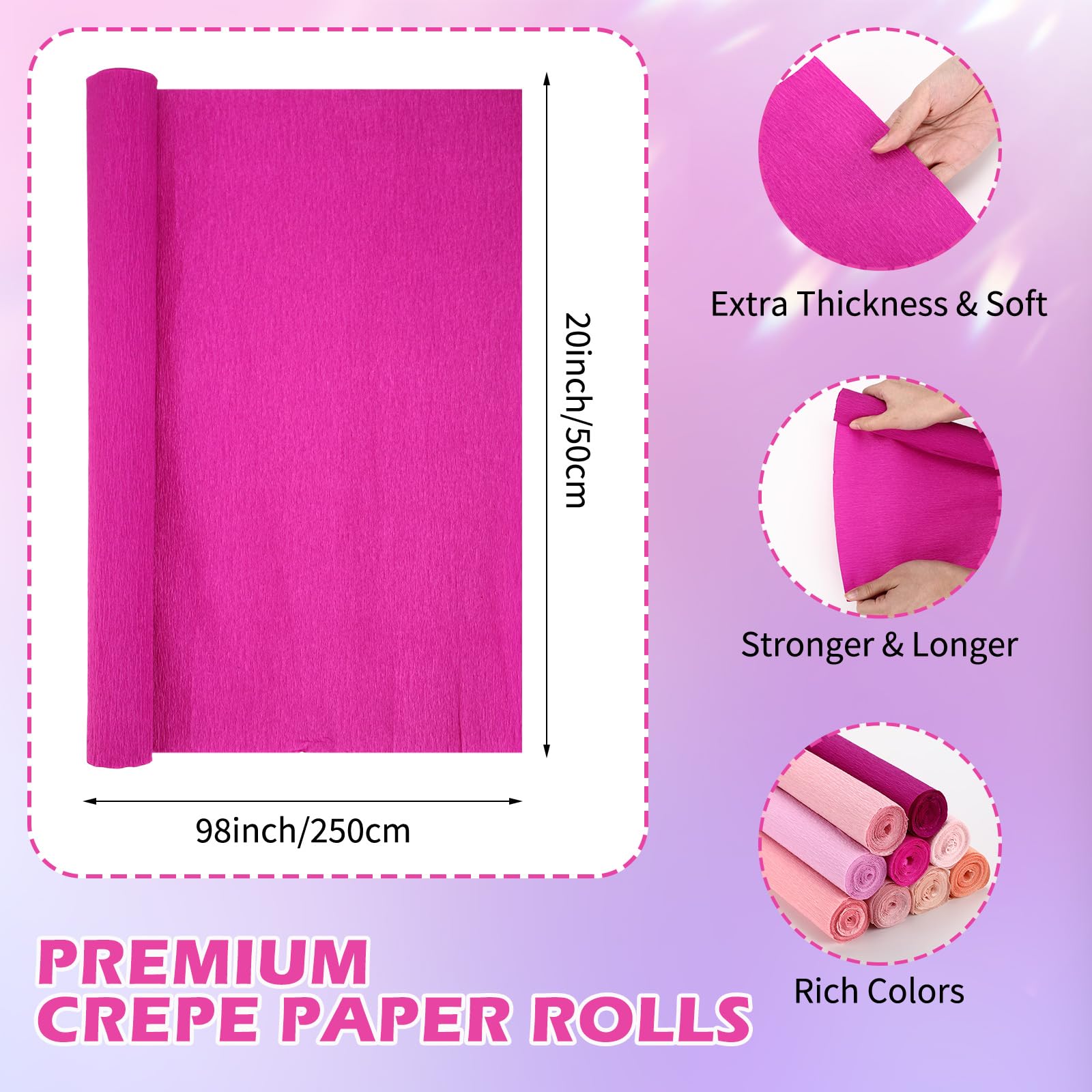 Kisston Lot de 18 rouleaux de papier crépon de 50,8 cm de large et 2,4 m de large, 70 g - Fournitures d'emballage de fleurs pour fête d'anniversaire, mariage, festival, décoration (rose)