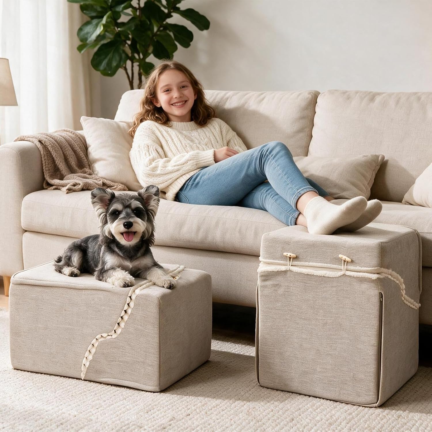 Dog Stairs for Small Dogs,2 in 1 Transformable 4-Step Pet Stairs,Indoor Pet Steps for Cats,Comfort, Durable Washable Cover and Durable High Density Foam,Beige