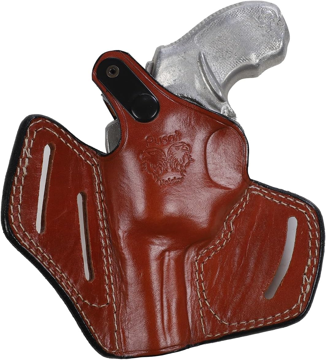 Pusat Holster Revolver Leather OWB 3 Belt Slots Gun Holster 3 inch 357 MAG for Taurus 605 Defender Left Hand, Brown, Black