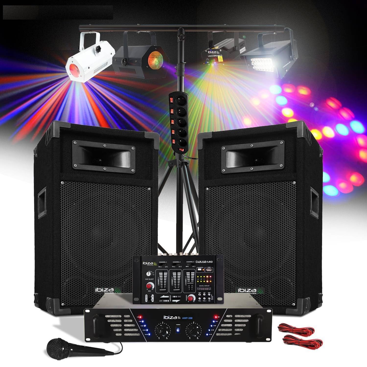 Pack Sono 480W Enceintes + Ampli + Table de mixage + Mic + Portiques + 4 Jeux de lumière