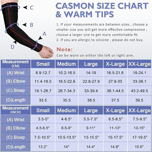 Miniatura 5 de CASMON Manga de compresión para brazo de linfedema de 20-30 mmHg para hombres y mujeres (individual), soporte de brazo para recuperación,