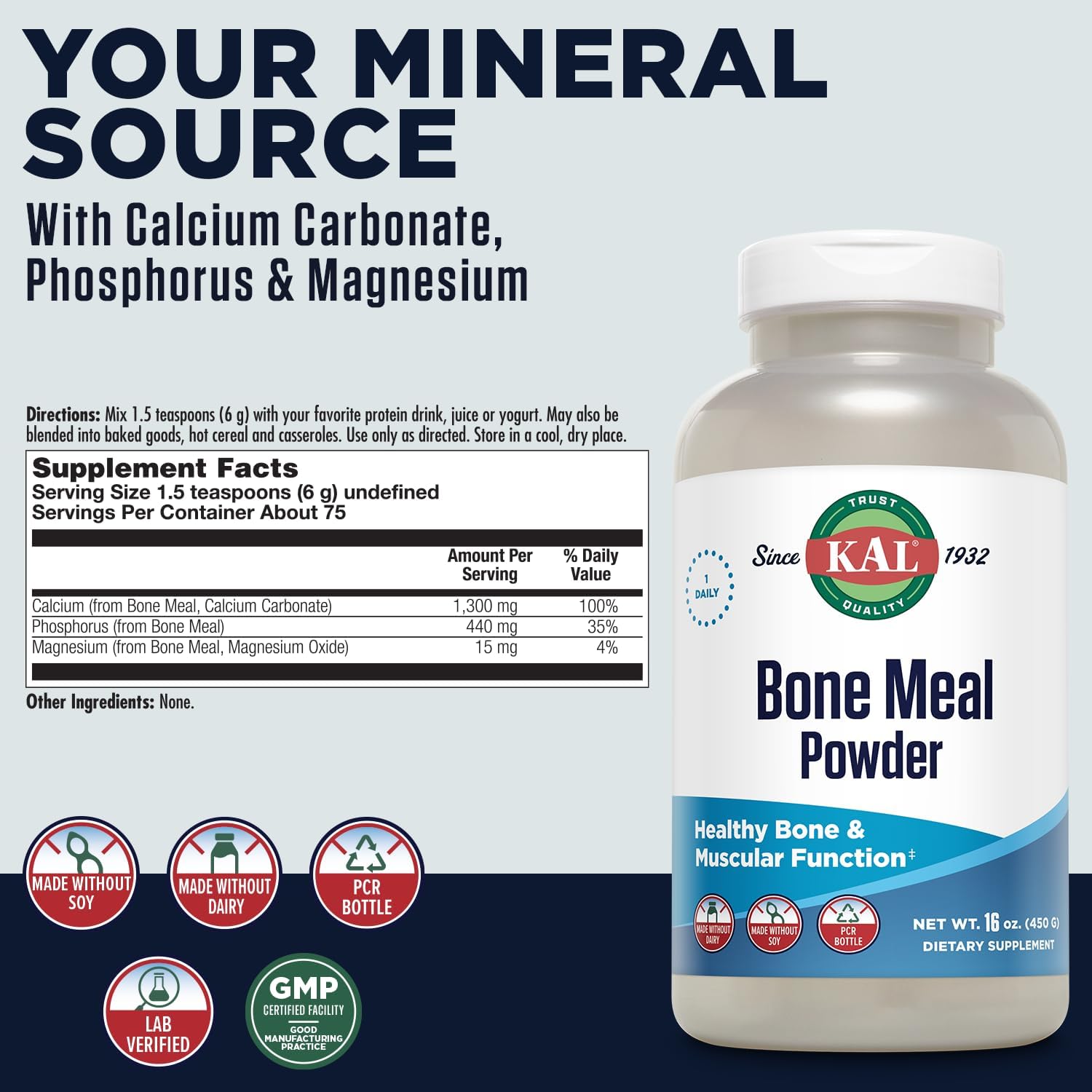 KAL Bone Meal Powder | Sterilized & Edible Supplement Rich in Calcium, Phosphorus, Magnesium | For Bones, Teeth, Nerves, Muscular Function | 16 oz