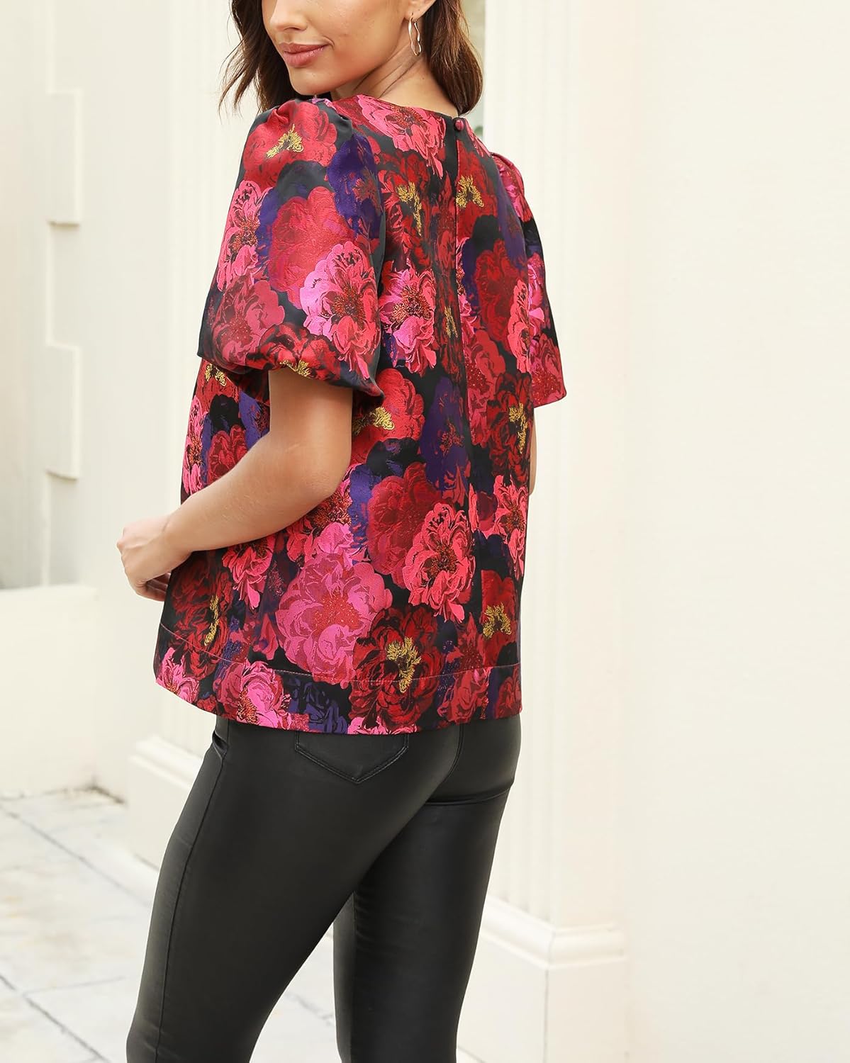 Kedera Women's Floral Jacquard Shirt Crewneck Puff Sleeve Blouse Elegant Work Shift Tops - Image 5