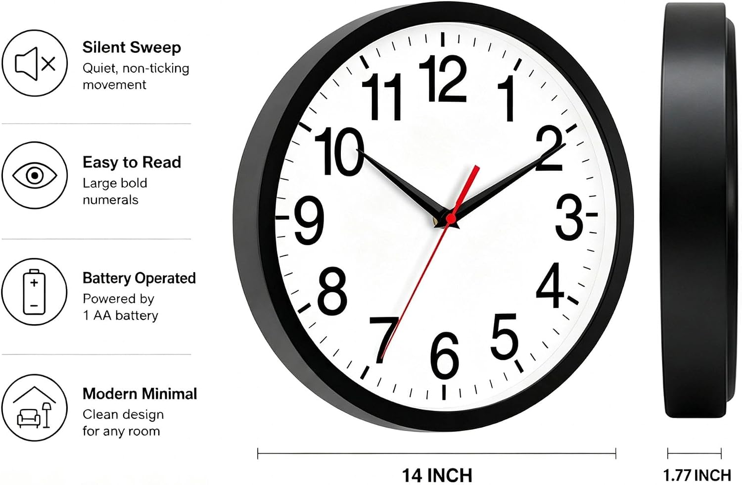 Rohioue Wall Clock Analog 14 Inch Black Battery Operated Silent Clock image 3