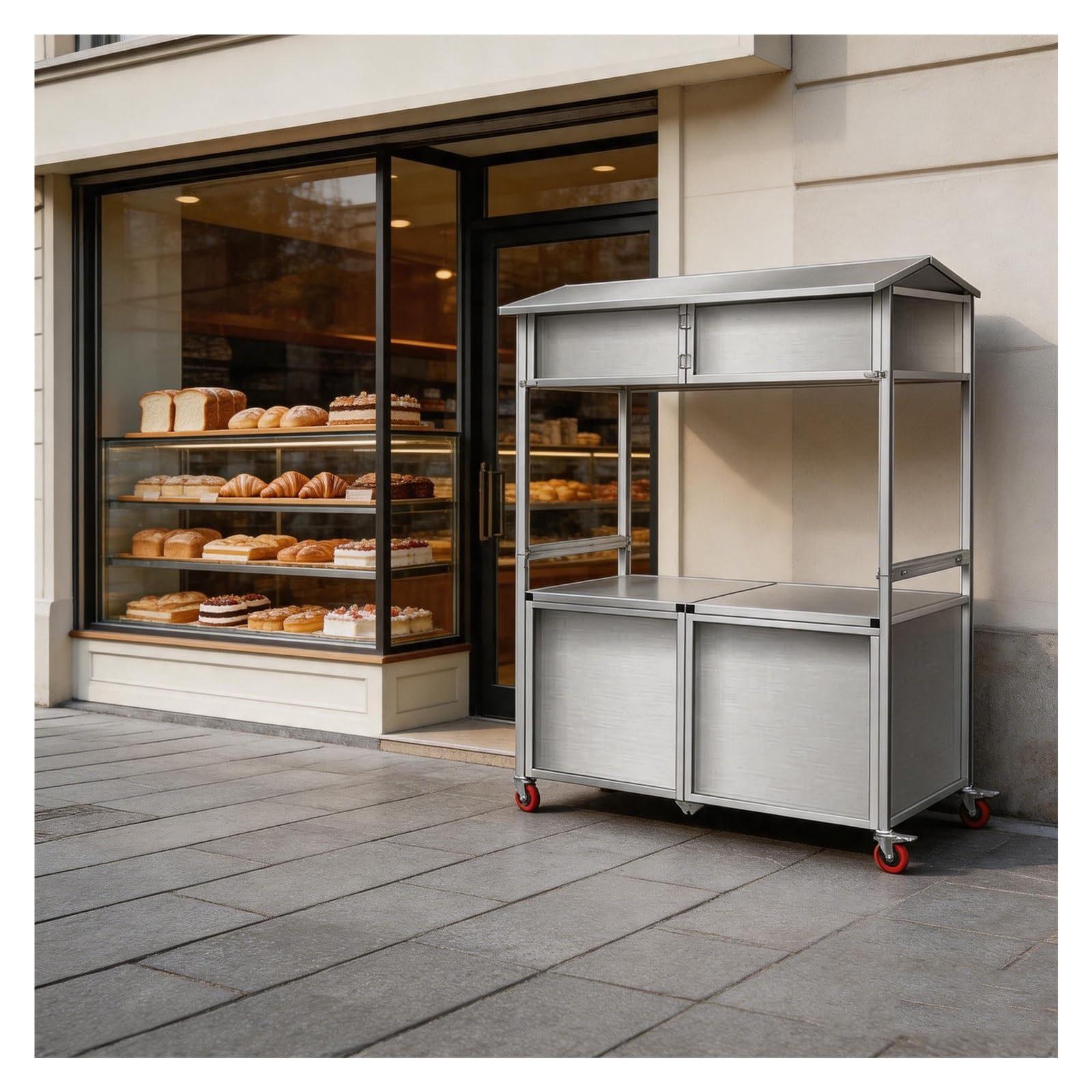 bacedifo Stainless Steel Market Cart, Foldable Markets Stall, Lockable Swivel Casters, Stainless Steels Canopy, Storage Cabinet, Kiosk, Product Display Rack